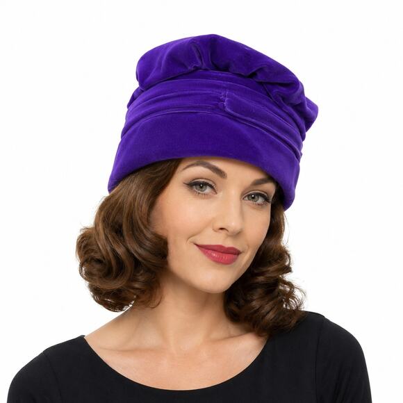 Vintage 1960s Purple Velveteen Hat Pleated Brim Cloche Style main image 8